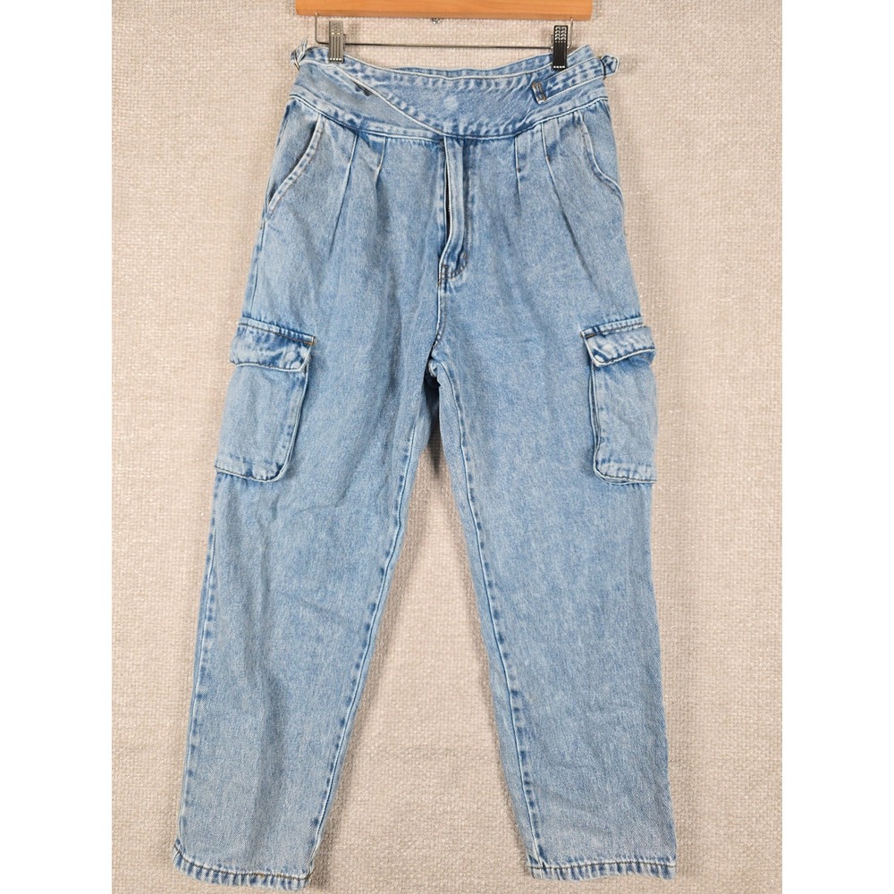 Signature 8 Womens Light Wash Crossover Waist Cargo Jeans Blue Size L